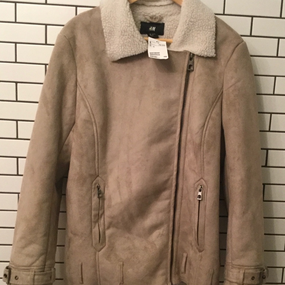 Price Dropped! H&M Faux Suede & Sherpa Moto Biker Tan Coat NWT size 12 US